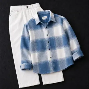 Classic Blue and White Checkered Shirt with White Denim Set