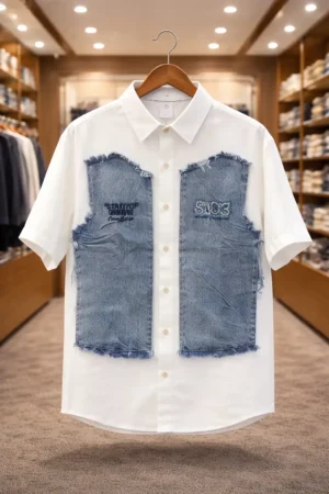 Men’s Designer White Shirt – Denim Patchwork Statement Style