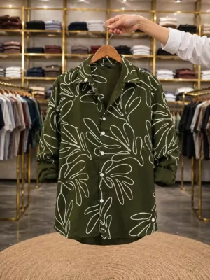 Men’s Stylish Leaf Printed Shirt – Olive Green Full Sleeve Casual Shirt