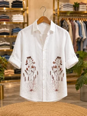 Men’s White Designer Floral Shirt – Stylish Half Sleeve Summer Shirt