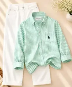 Refreshing Mint Green Striped Shirt and Crisp White Trousers Set